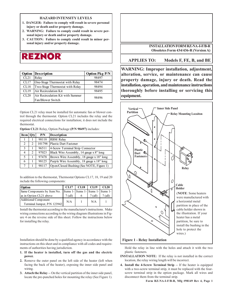 Reznor B Option - Installation - Relay & Thermostats Installation User Manual | 2 pages