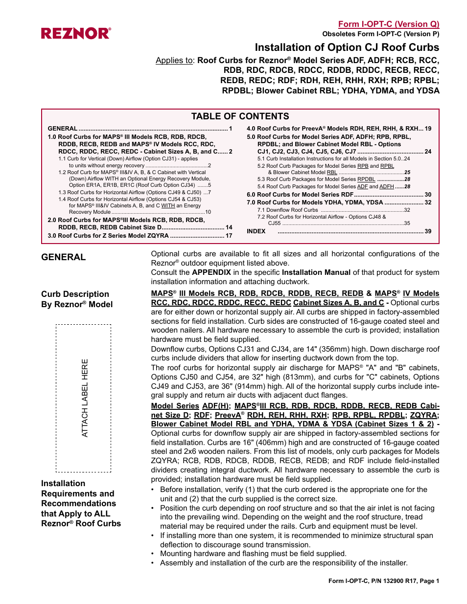 Reznor ADFH Option - Installation - Roof Curbs Assembly User Manual | 40 pages