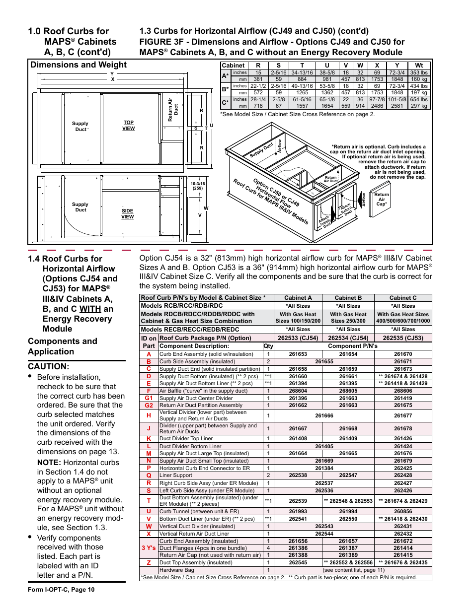 For maps, Iii&iv cabinets a, b, and c with an energy, Recovery module | 0 roof curbs for maps, Cabinets a, b, c (cont'd), Caution | Reznor ADFH Option - Installation - Roof Curbs Assembly User Manual | Page 10 / 40