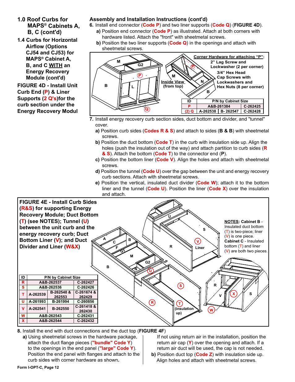 0 roof curbs for maps, Cabinets a, b, c (cont'd) | Reznor ADFH Option - Installation - Roof Curbs Assembly User Manual | Page 12 / 40