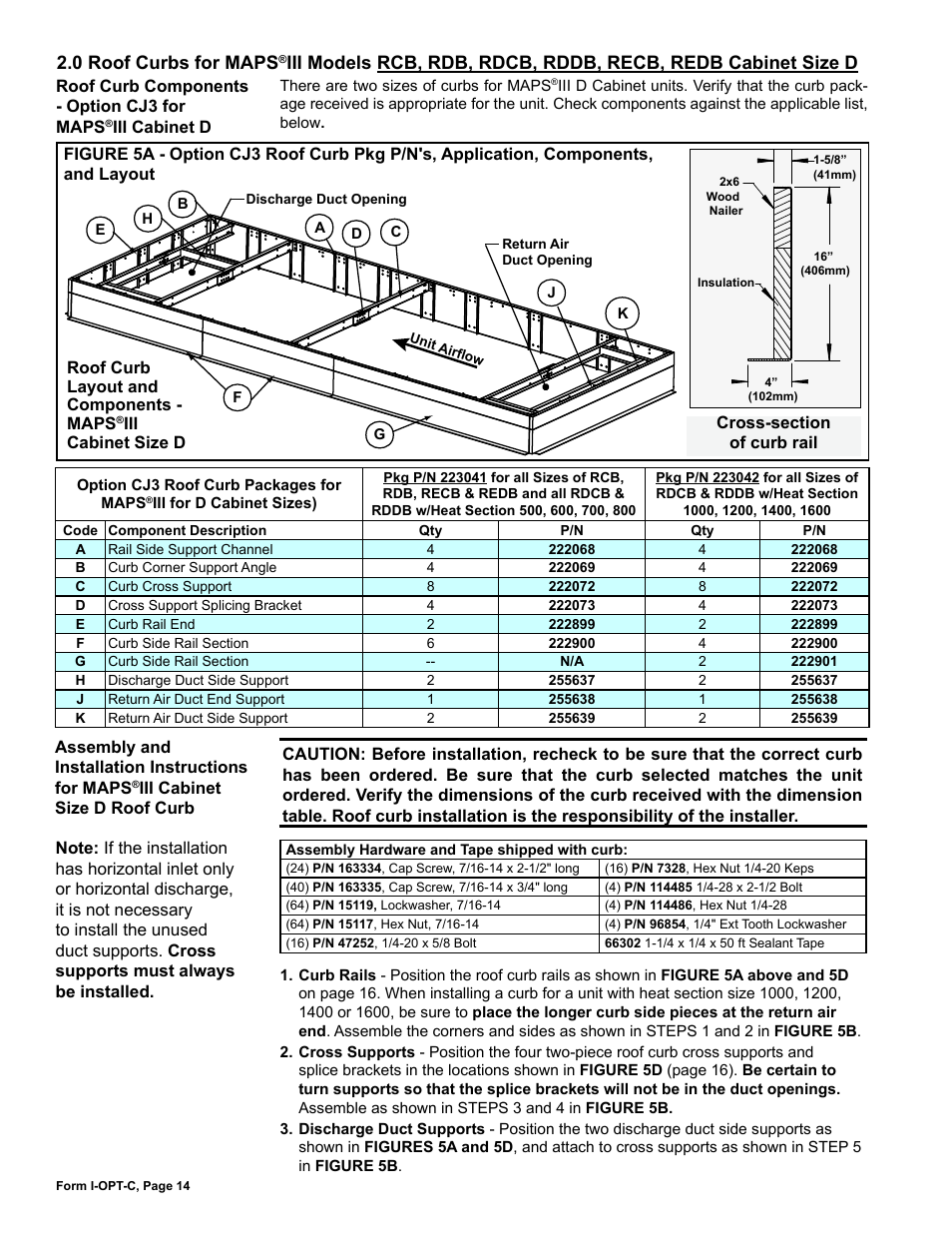0 roof curbs for maps, Iii models rcb, rdb, rdcb, Rddb, recb, redb cabinet size d | Reznor ADFH Option - Installation - Roof Curbs Assembly User Manual | Page 14 / 40