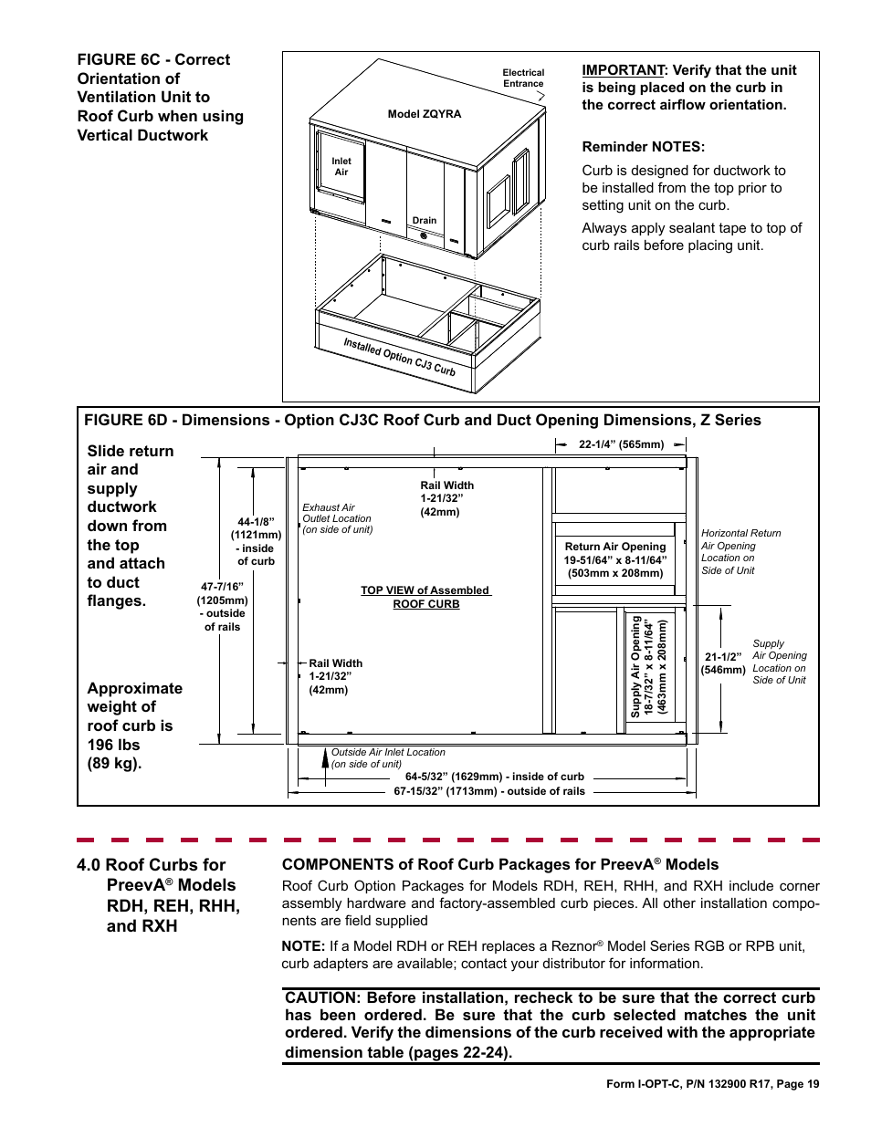 0 roof curbs for preeva, Models rdh, reh, rhh, & rxh, Models rdh, reh, rhh, and rxh | Reznor ADFH Option - Installation - Roof Curbs Assembly User Manual | Page 19 / 40