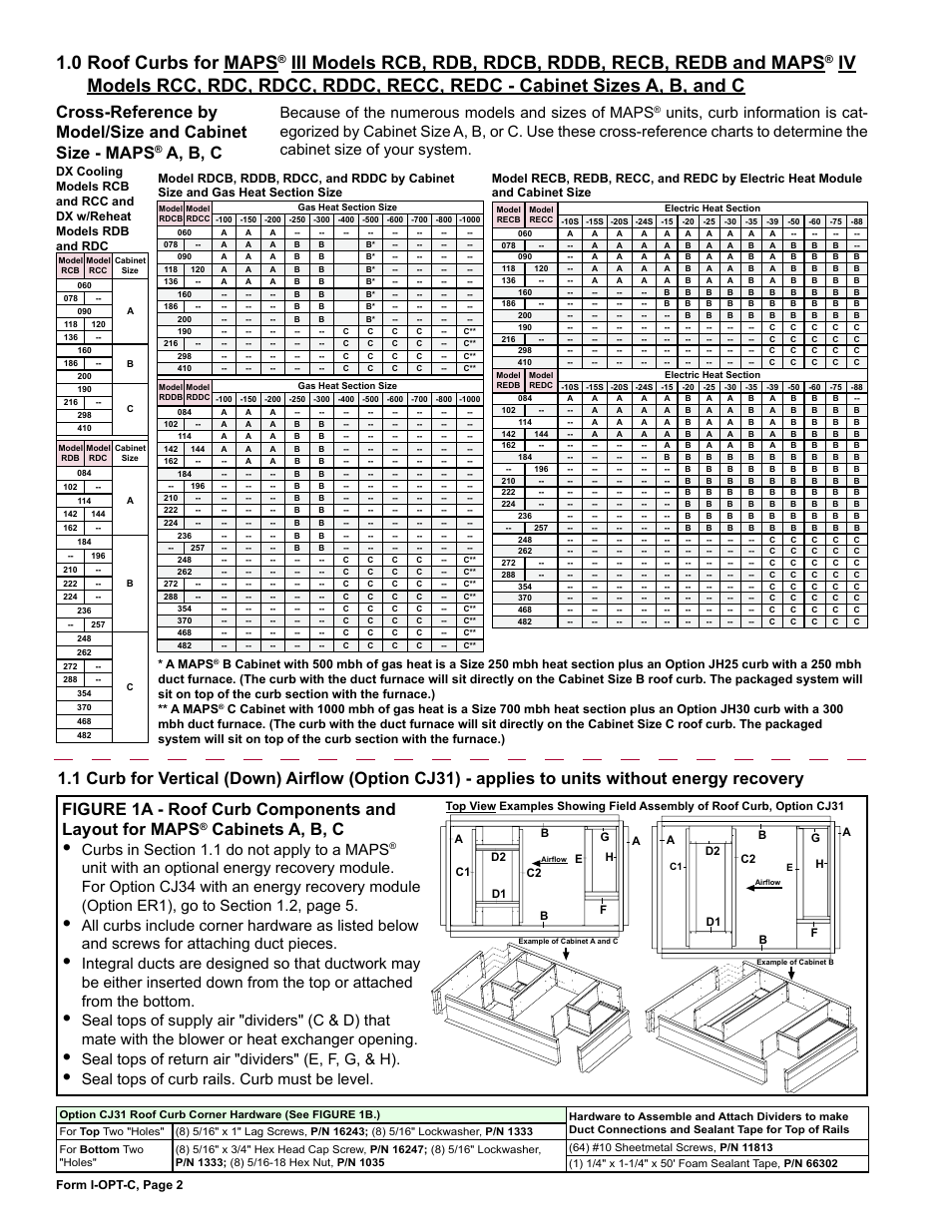 0 roof curbs for maps, Iii models rcb, rdb, rdcb, Rddb, recb, redb and maps | Iv models rcc, rdc, Rdcc, rddc, recc, redc - cabinet sizes a, b, and c, To units without energy recovery, A, b, c, Cabinets a, b, c, Because of the numerous models and sizes of maps, Seal tops of return air "dividers" (e, f, g, & h) | Reznor ADFH Option - Installation - Roof Curbs Assembly User Manual | Page 2 / 40