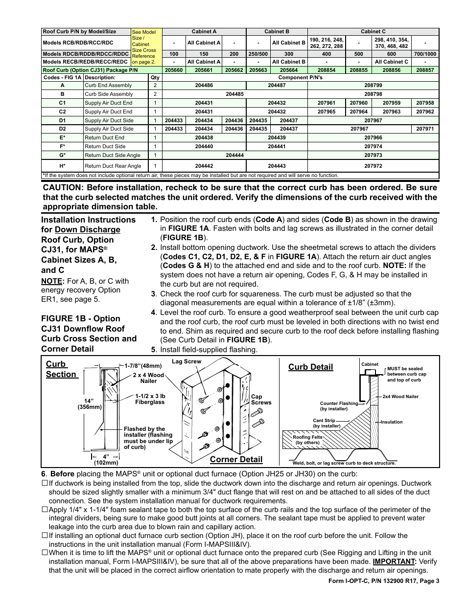 Cabinet sizes a, b, and c | Reznor ADFH Option - Installation - Roof Curbs Assembly User Manual | Page 3 / 40