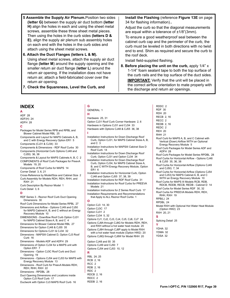 Index | Reznor ADFH Option - Installation - Roof Curbs Assembly User Manual | Page 39 / 40