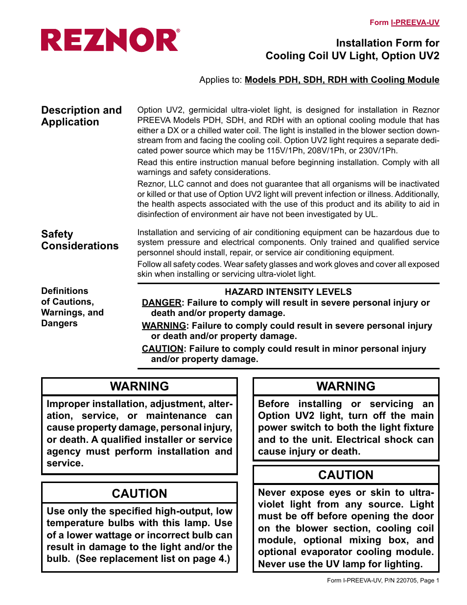 Reznor RDH Option - Installation - UV Light Installation - PreevA User Manual | 4 pages