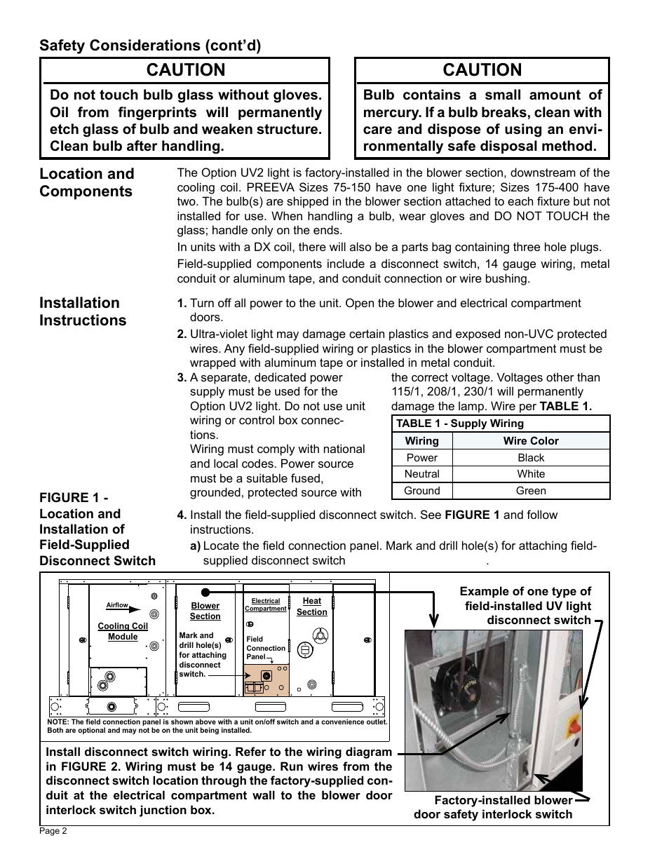 Caution, Installation instructions, Safety considerations (cont’d) | Location and components | Reznor RDH Option - Installation - UV Light Installation - PreevA User Manual | Page 2 / 4