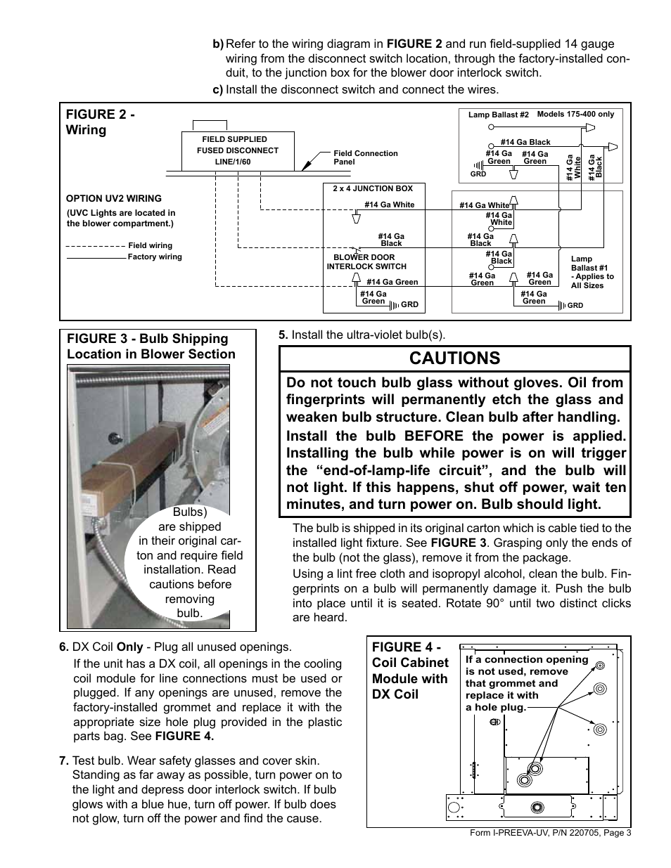 Cautions, Figure 4 - coil cabinet module with dx coil, Figure 2 - wiring | Reznor RDH Option - Installation - UV Light Installation - PreevA User Manual | Page 3 / 4