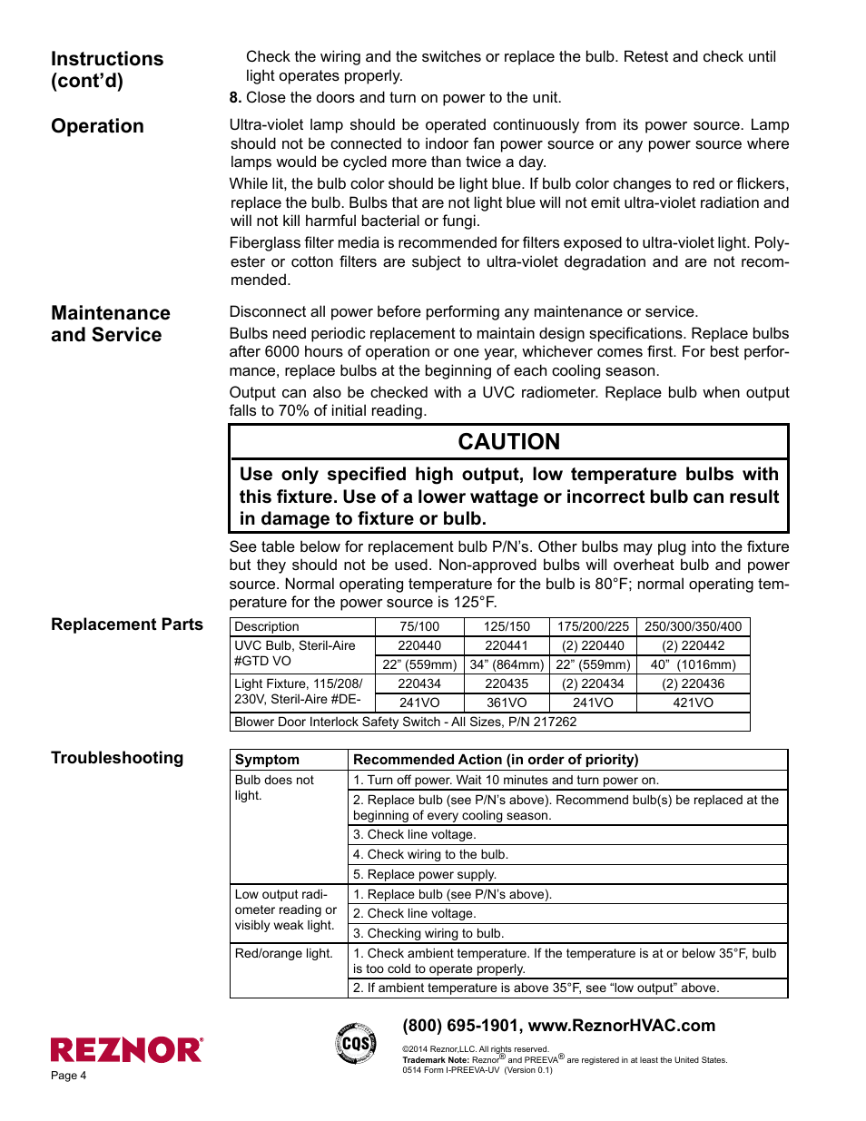 Caution, Operation, Maintenance and service | Instructions (cont’d), Replacement parts, Troubleshooting | Reznor RDH Option - Installation - UV Light Installation - PreevA User Manual | Page 4 / 4