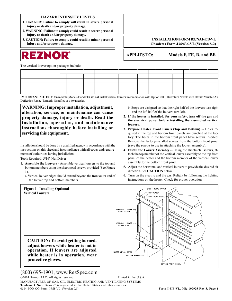 Reznor BE Option - Installation - Vertical Louvers User Manual | 1 page