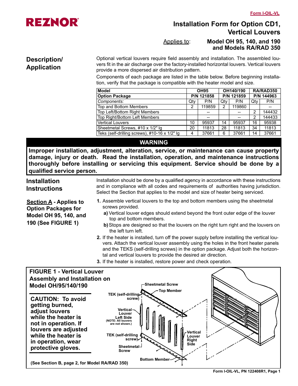 Reznor RAD 350 Option - Installation - Vertical Louvers User Manual | 2 pages