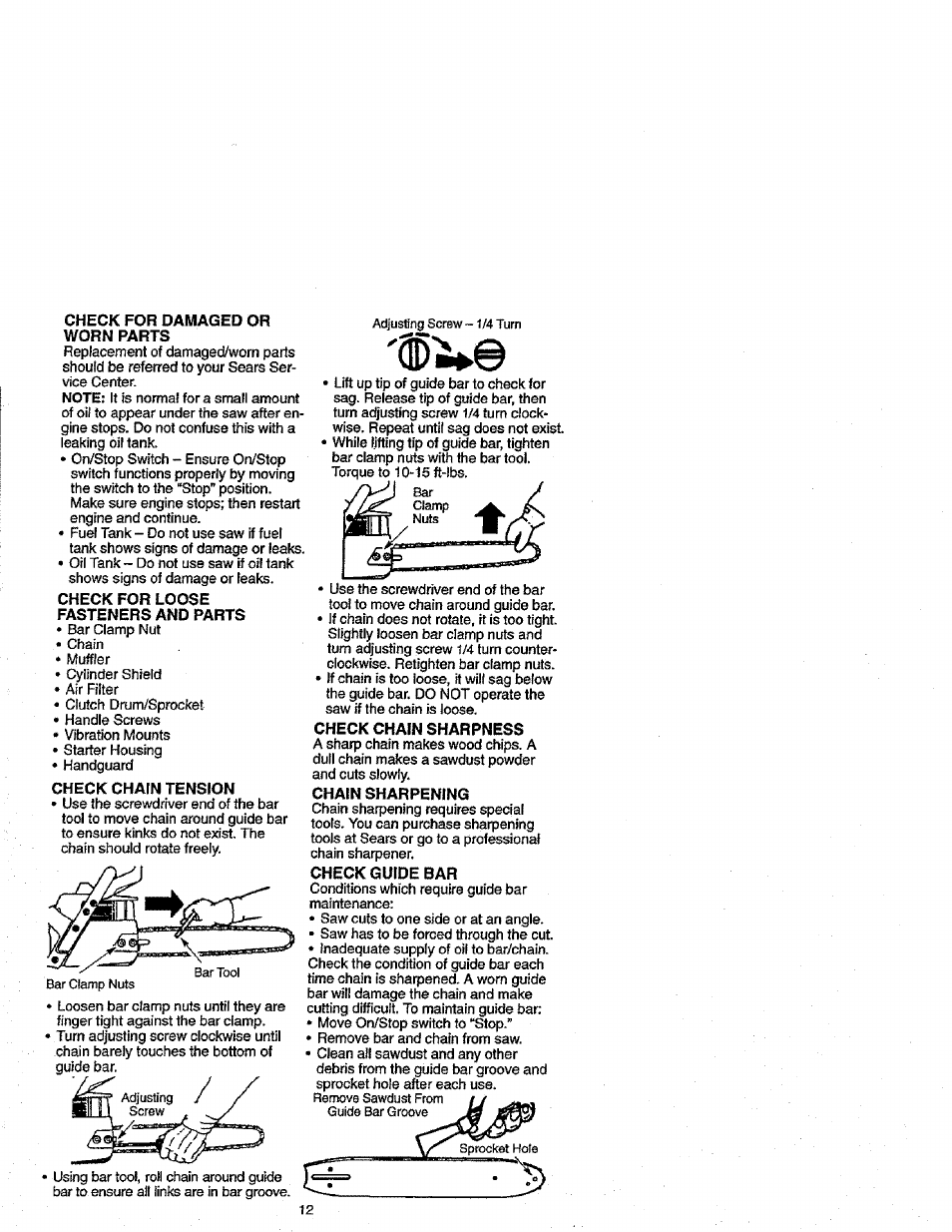 Check for damaged or worn parts, Check for loose fasteners and parts, Check chain tension | Craftsman 358.352680 User Manual | Page 12 / 44