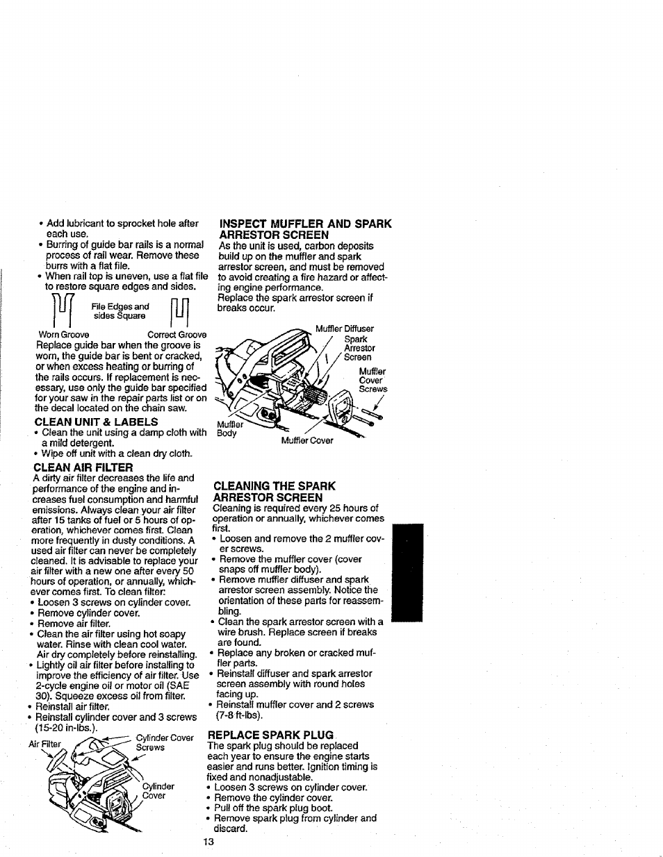 Clean unit & labels, Clean air filter, Arrestor screen | Craftsman 358.352680 User Manual | Page 13 / 44