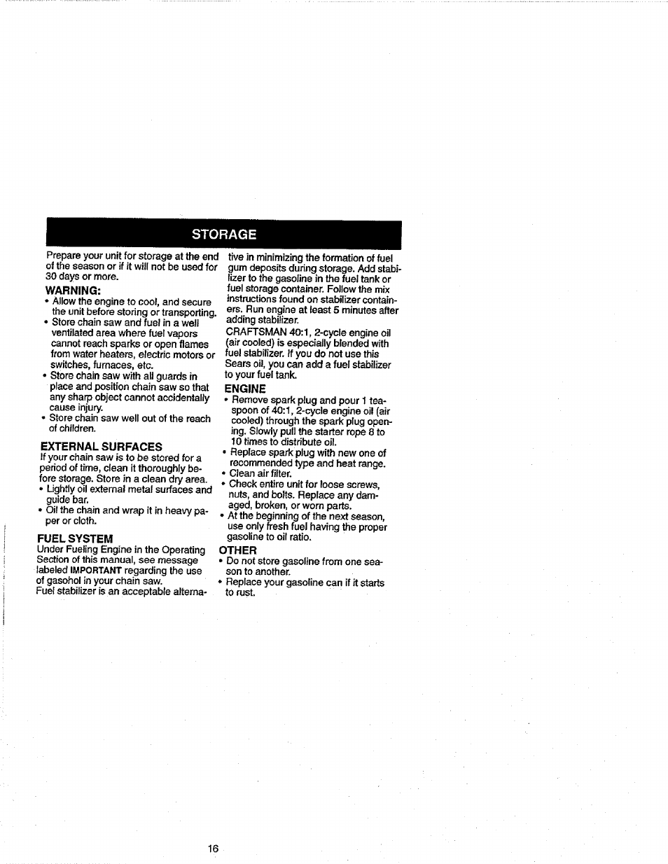 Warning, External surfaces, Fuel system | Storage | Craftsman 358.352680 User Manual | Page 16 / 44