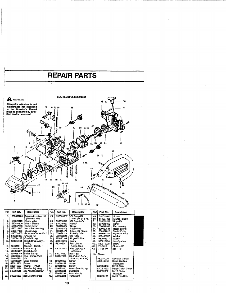 Repair parts, W-4 i, Inef | Vfent | Craftsman 358.352680 User Manual | Page 19 / 44