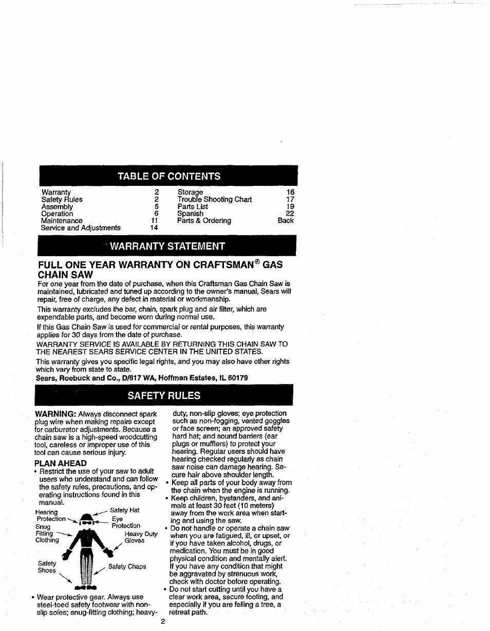 Plan ahead | Craftsman 358.352680 User Manual | Page 2 / 44