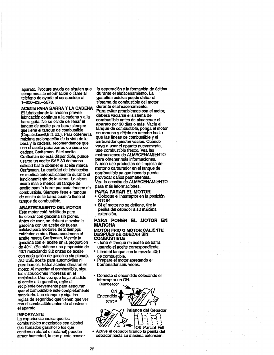 Para parar el motor, Para poner el motor en marcha | Craftsman 358.352680 User Manual | Page 28 / 44