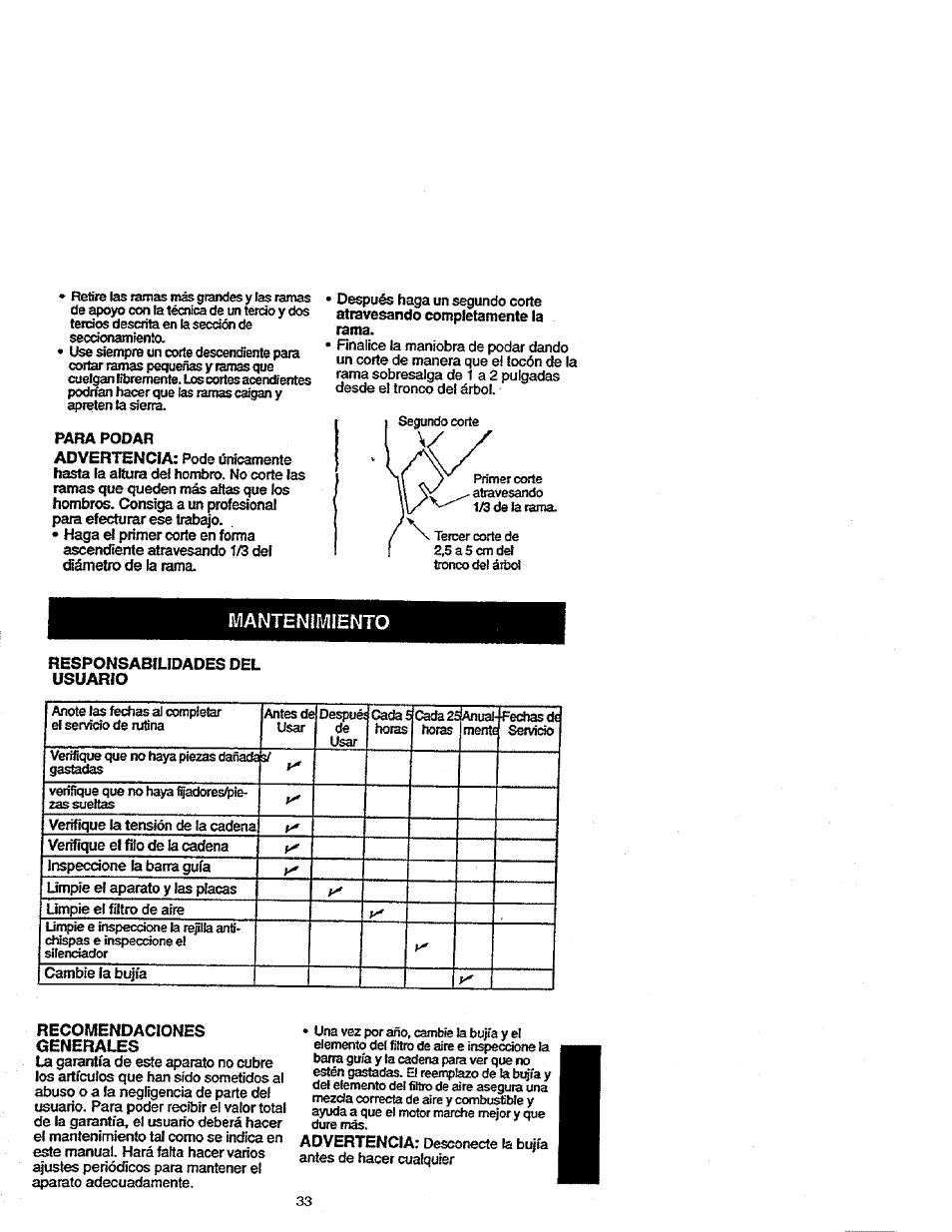 Responsabilidades del usuario, Recomendaciones, Generales | Ivianteníiviiento | Craftsman 358.352680 User Manual | Page 33 / 44