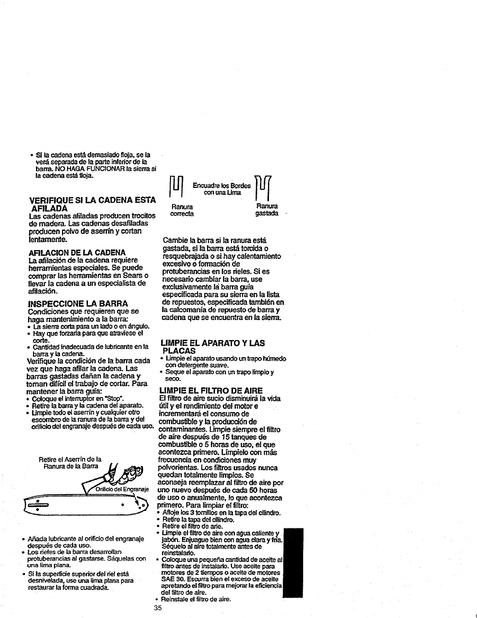 Verifique si la cadena esta afilada, Inspeccione la barra, Ablacion de la cadena | Limpie el aparato y las placas, Limpie el filtro de aire | Craftsman 358.352680 User Manual | Page 35 / 44