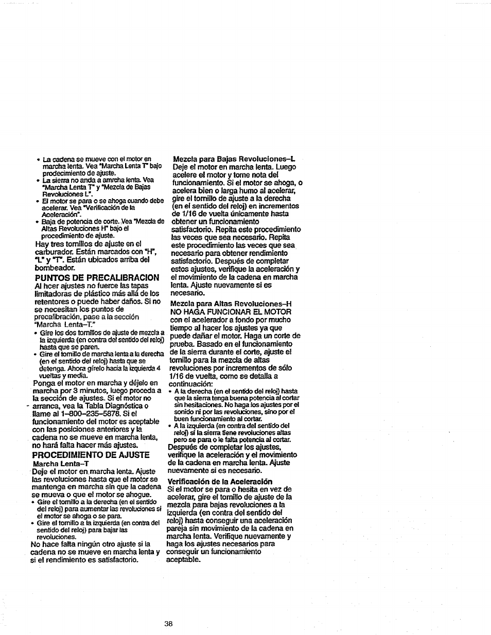 Puntos de precalibracion, Procedímiento de ajuste, Verificación de la aceleración | Craftsman 358.352680 User Manual | Page 38 / 44