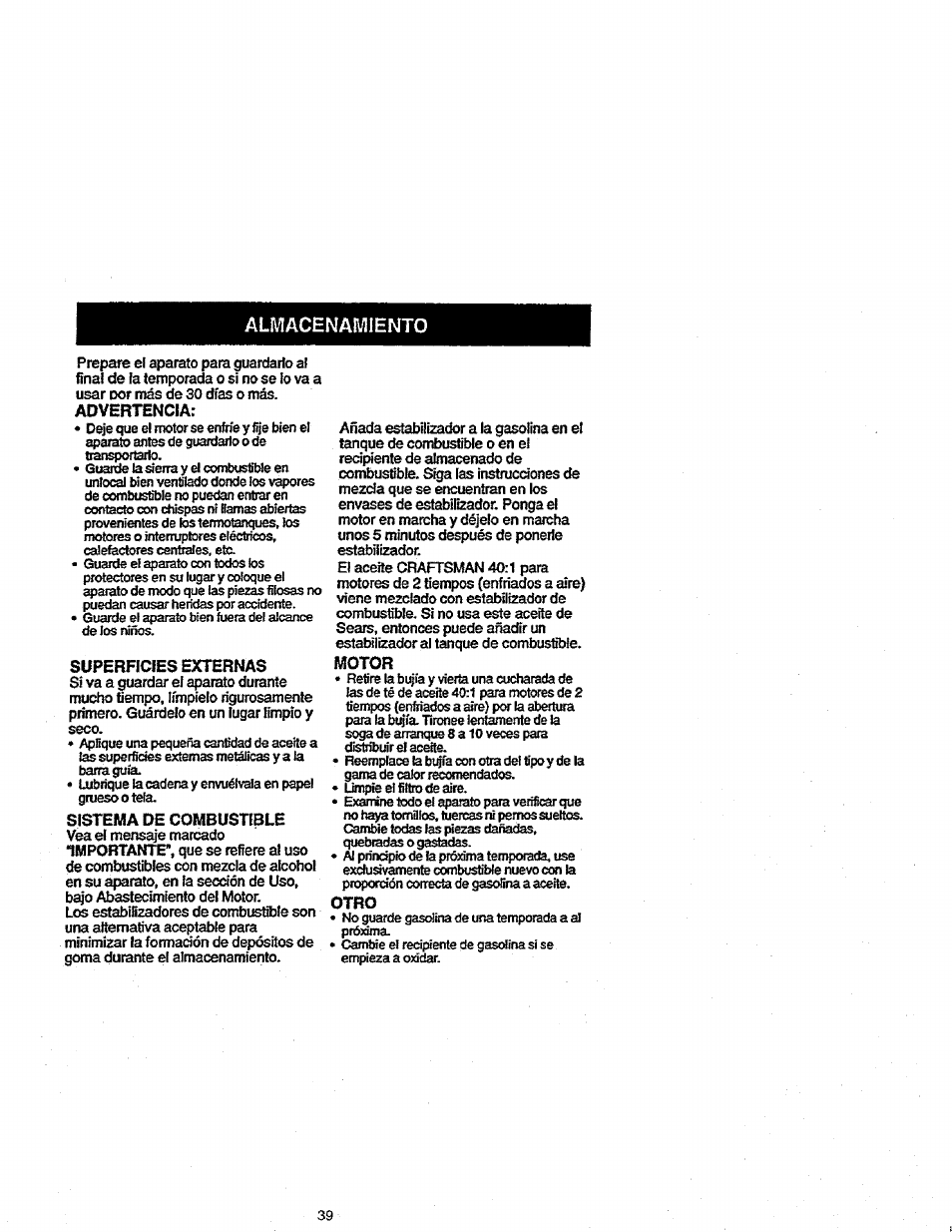 Superficies externas, Sistema de combustible, Motor | Otro, Almacenamiento | Craftsman 358.352680 User Manual | Page 39 / 44