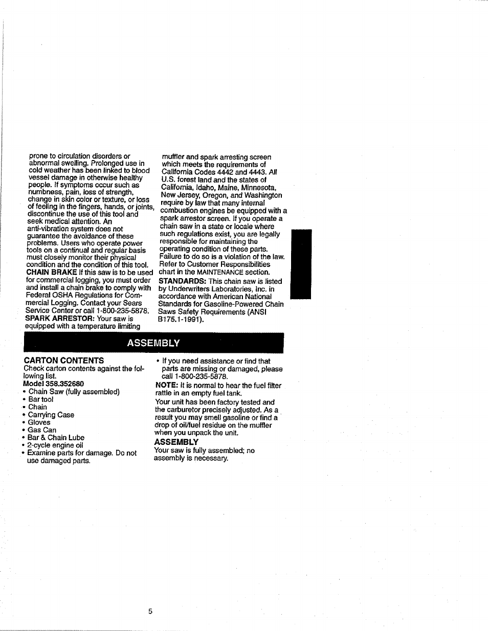 Carton contents, Assembly | Craftsman 358.352680 User Manual | Page 5 / 44