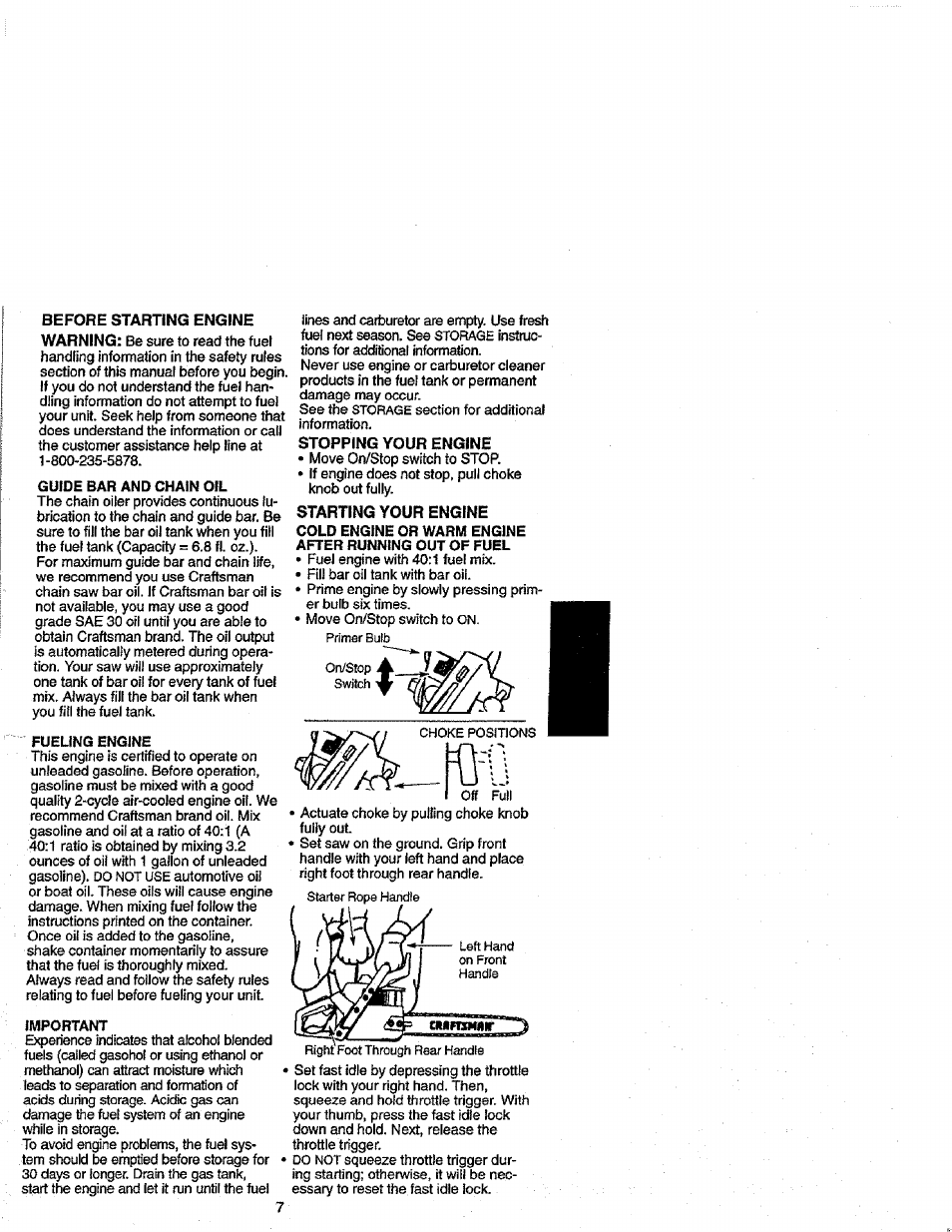 Before starting engine, Stopping your engine | Craftsman 358.352680 User Manual | Page 7 / 44