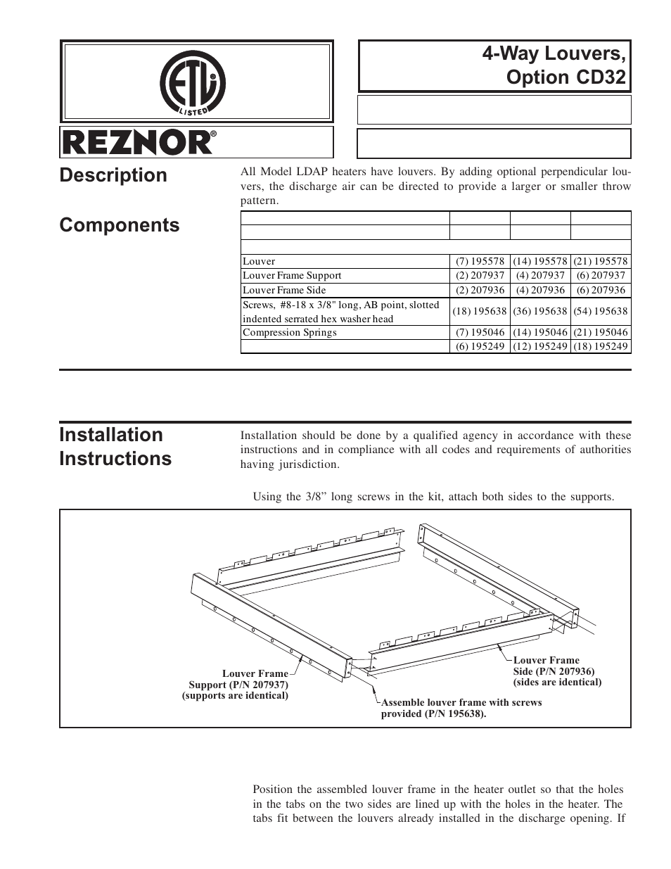 Reznor LDAP Option - Installation - Louver User Manual | 2 pages