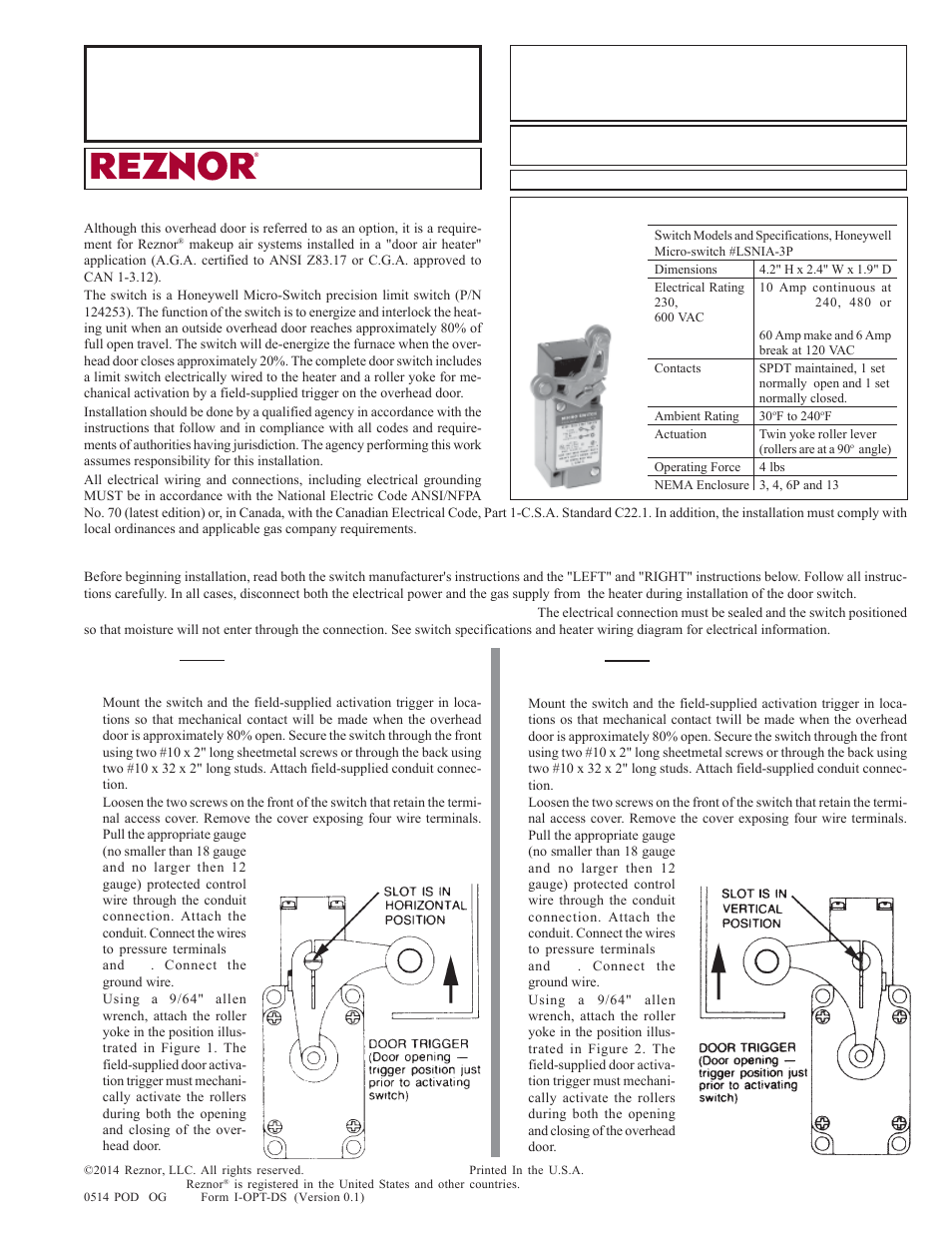 Reznor Door Air Heater Option - Installation - Overhead Door Switch User Manual | 1 page