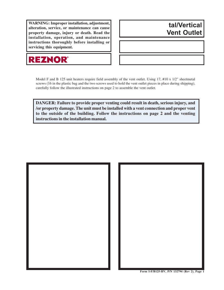 Reznor B125 Option - Installation - Horizontal/Vertical Vent Outlet, size 125 User Manual | 2 pages