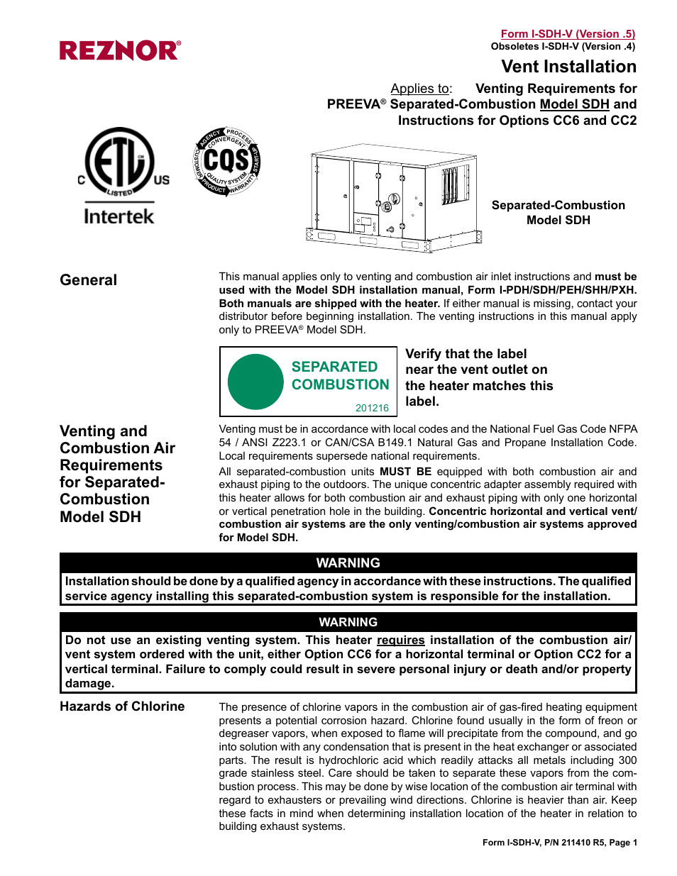 Reznor SDH Option - Installation - Venting Instructions User Manual | 12 pages