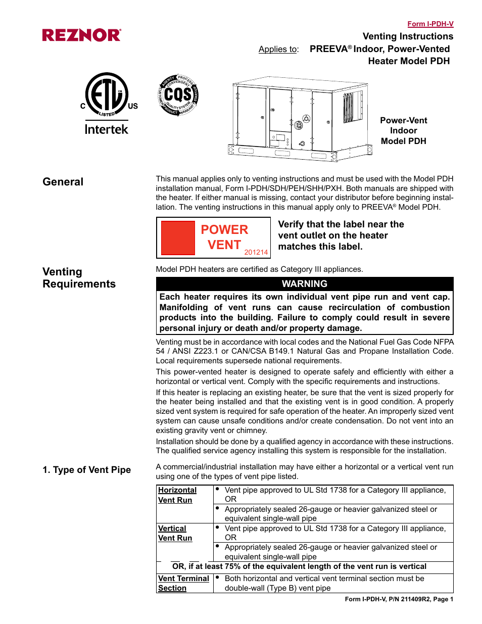 Reznor PDH Option - Installation - Venting Instructions User Manual | 8 pages