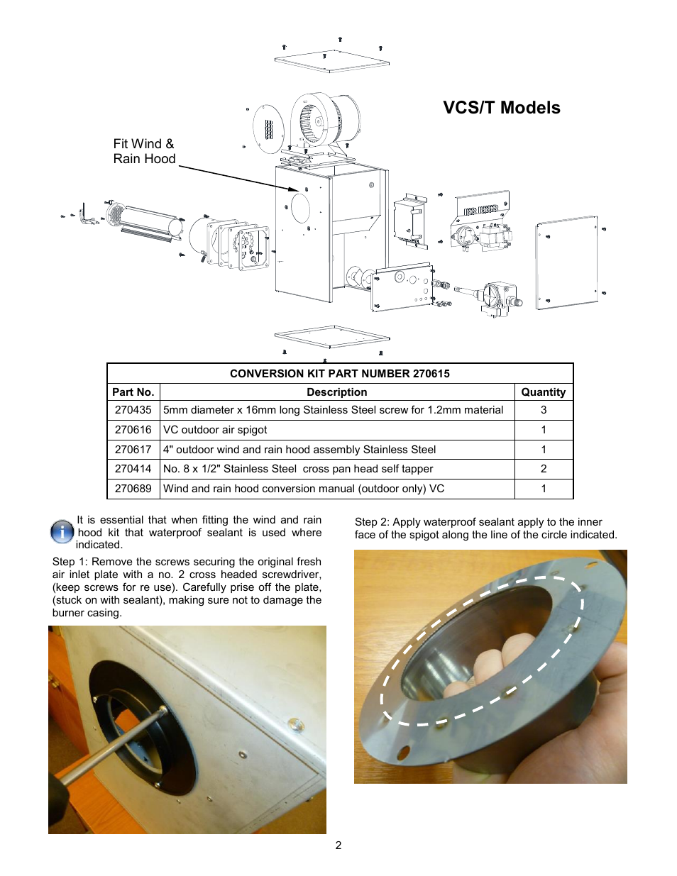 Vcs/t models | Reznor VC Series Option - Installation - Wind and Rain Hood Attachment User Manual | Page 2 / 4