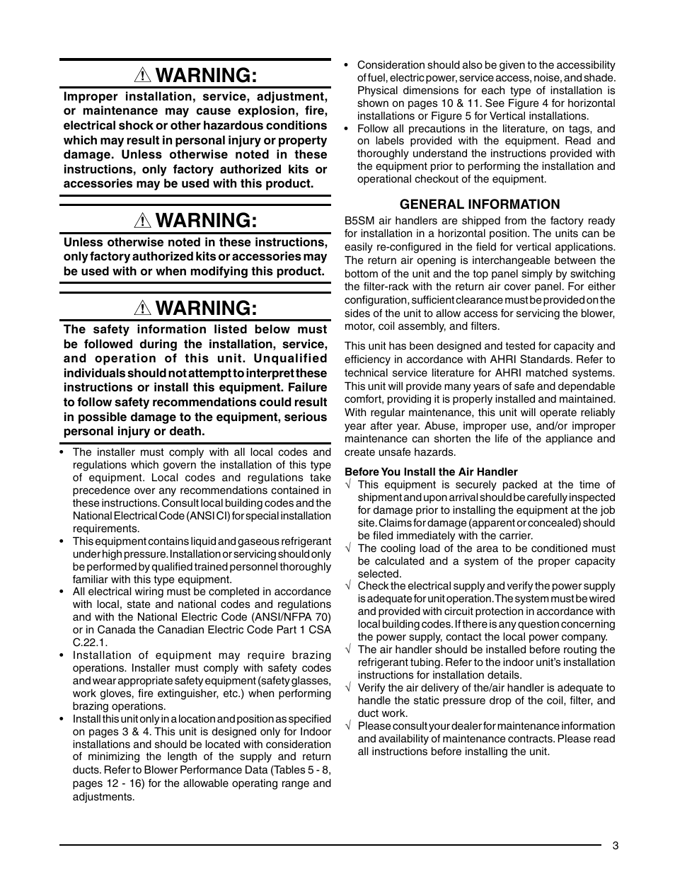 Warning | Reznor B5SM Unit Installation Manual User Manual | Page 3 / 20