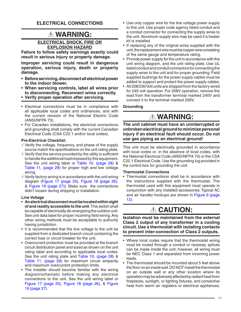 Electrical connections, Pre-electrical checklist, Line voltage | Grounding, Thermostat connections, Warning, Caution | Reznor B6BM Unit Installation Manual User Manual | Page 11 / 32