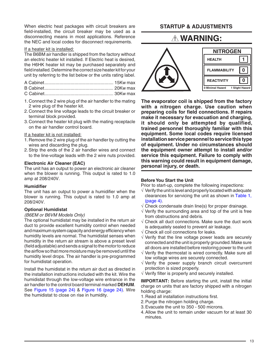 Electronic air cleaner (eac), Humidifier, Optional humidistat | Startup & adjustments, Before you start the unit, Warning | Reznor B6BM Unit Installation Manual User Manual | Page 13 / 32