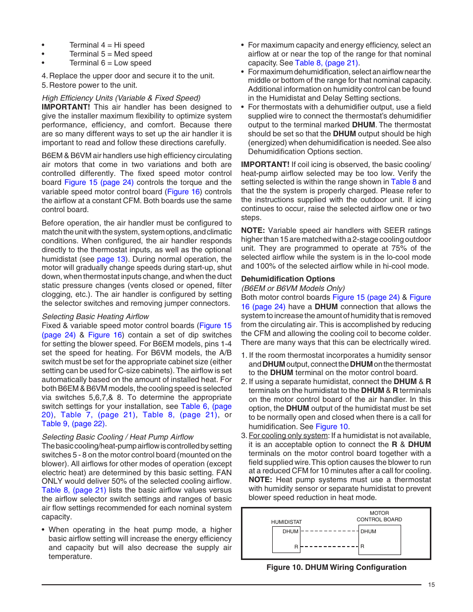 High efficiency units (variable & fixed speed), Selecting basic heating airflow, Selecting basic cooling / heat pump airflow | Dehumidification options | Reznor B6BM Unit Installation Manual User Manual | Page 15 / 32