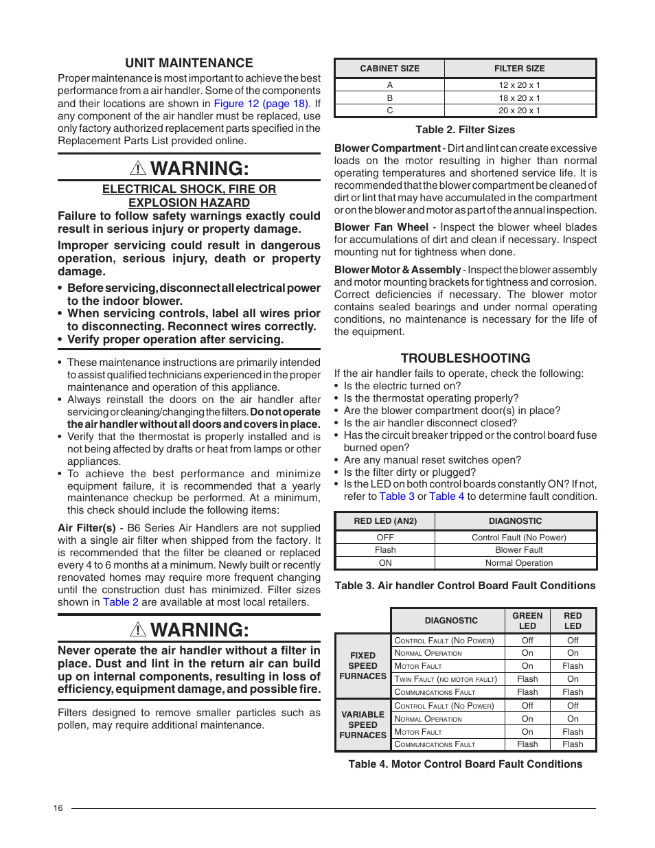 Unit maintenance, Troubleshooting, Warning | Reznor B6BM Unit Installation Manual User Manual | Page 16 / 32