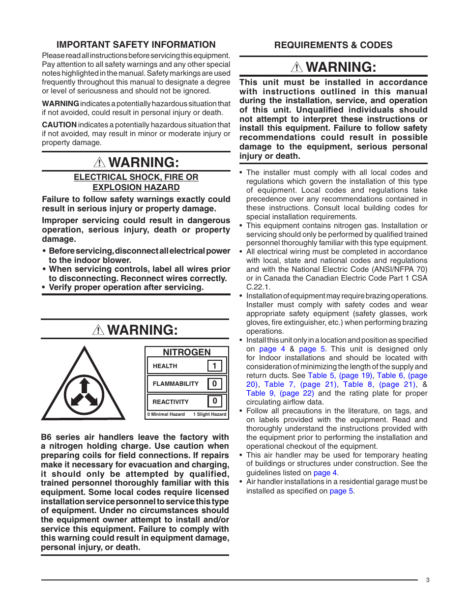 Important safety information, Requirements & codes, Warning | Reznor B6BM Unit Installation Manual User Manual | Page 3 / 32