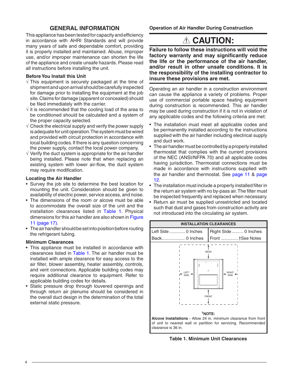 General information, Before you install this unit, Locating the air handler | Minimum clearances, Operation of air handler during construction, Guidelines listed on, Caution | Reznor B6BM Unit Installation Manual User Manual | Page 4 / 32