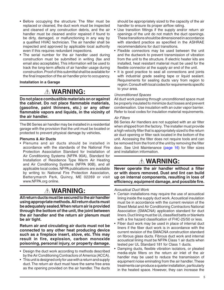 Installation in a garage, Plenums & air ducts, Unconditioned spaces | Air filters, Acoustical duct work, Warning | Reznor B6BM Unit Installation Manual User Manual | Page 5 / 32