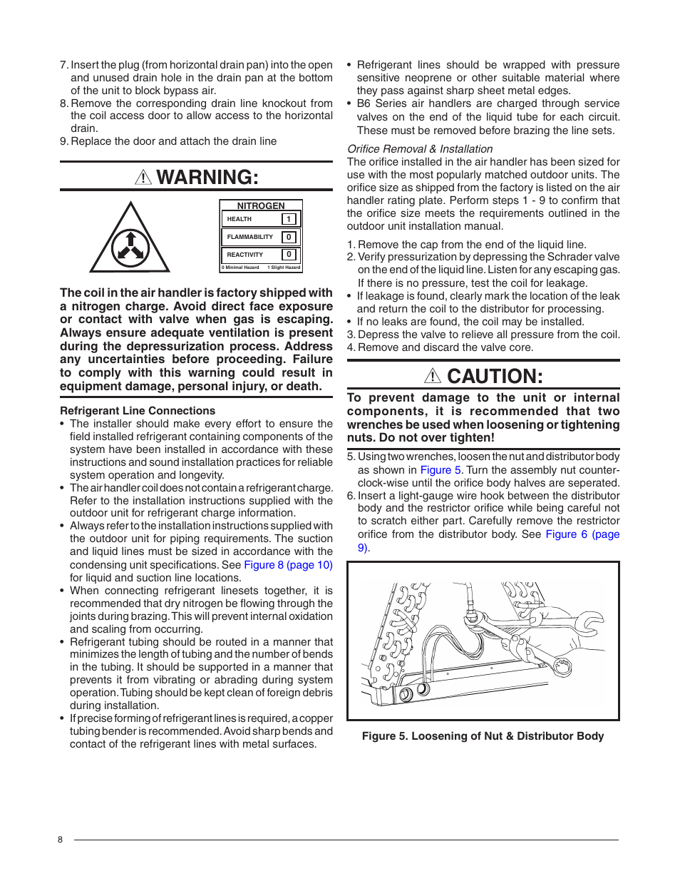 Refrigerant line connections, Orifice removal & installation, Warning | Caution | Reznor B6BM Unit Installation Manual User Manual | Page 8 / 32