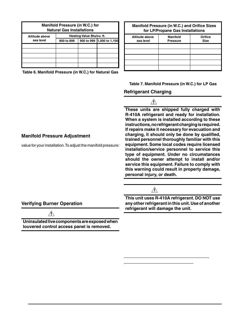 Warning, Caution, Manifold pressure adjustment | Verifying burner operation, Refrigerant charging | Reznor PDF2SF Unit Installation Manual User Manual | Page 20 / 40