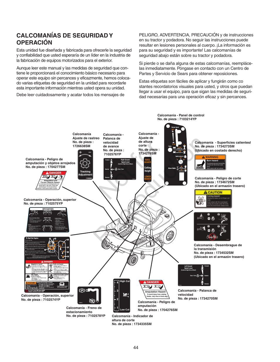 Not for reproduction, Calcomanías de seguridad y operación | Craftsman 107.28993 User Manual | Page 44 / 112