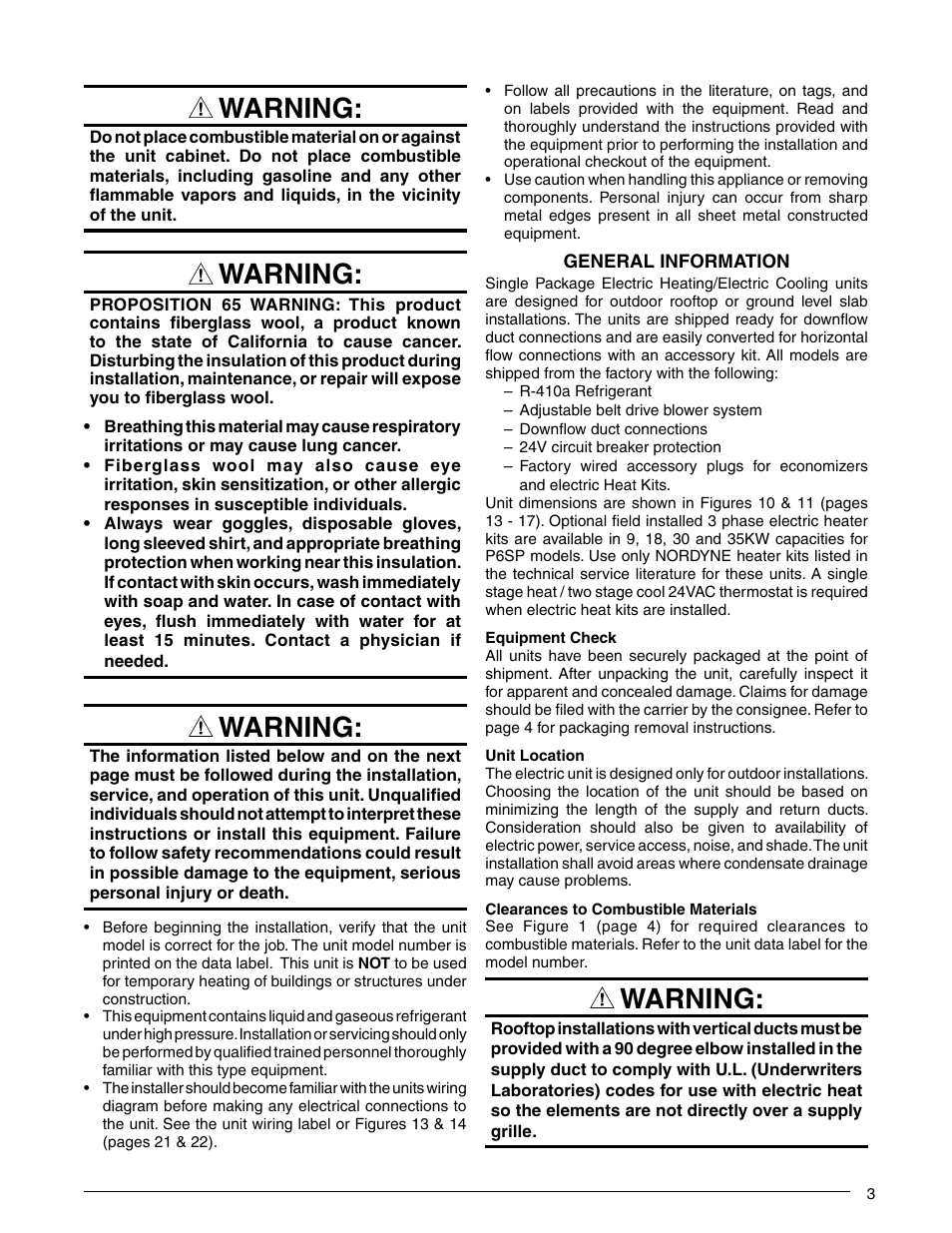 Warning | Reznor P6SP Unit Installation Manual User Manual | Page 3 / 32