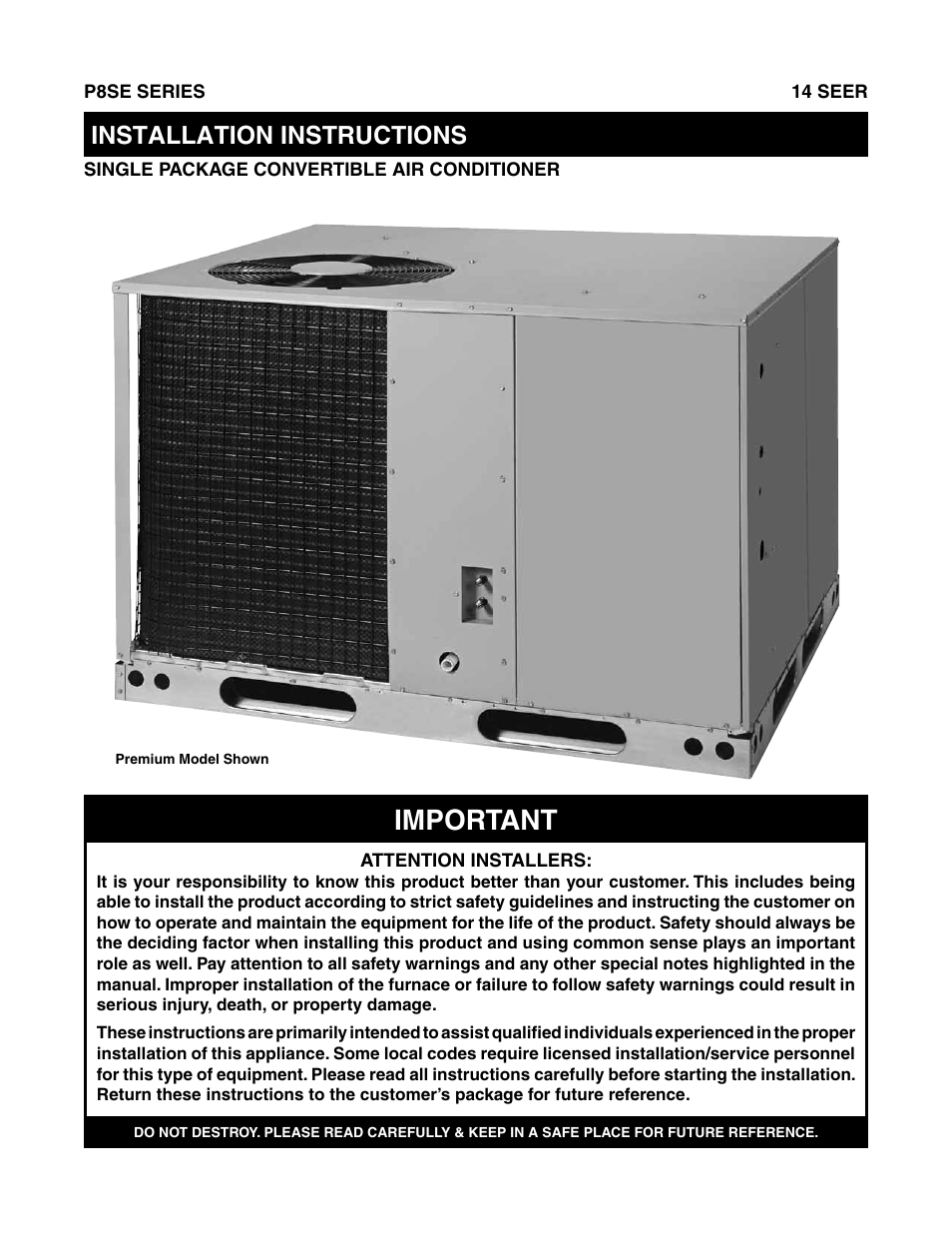Reznor P8SE Unit Installation Manual User Manual | 20 pages