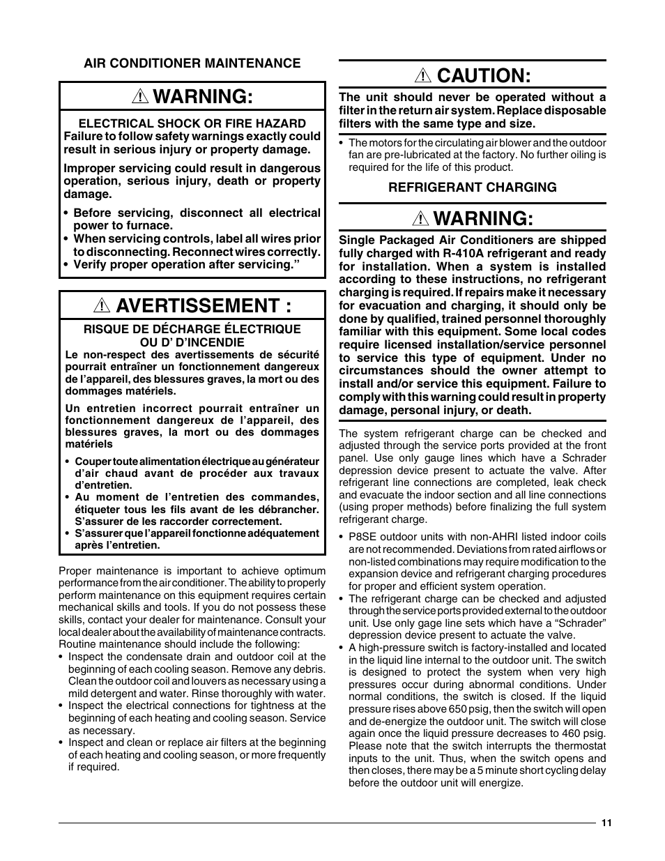 Air conditioner maintenance, Refrigerant charging, Air conditioner maintenance refrigerant charging | Warning, Avertissement, Caution | Reznor P8SE Unit Installation Manual User Manual | Page 11 / 20