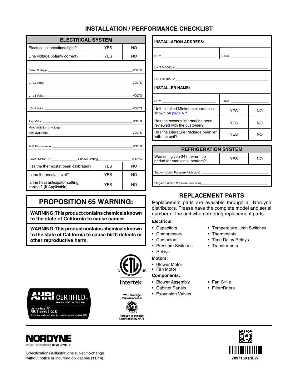 Installation / performance checklist, Replacement parts, Proposition 65 warning | Reznor P8SE Unit Installation Manual User Manual | Page 20 / 20