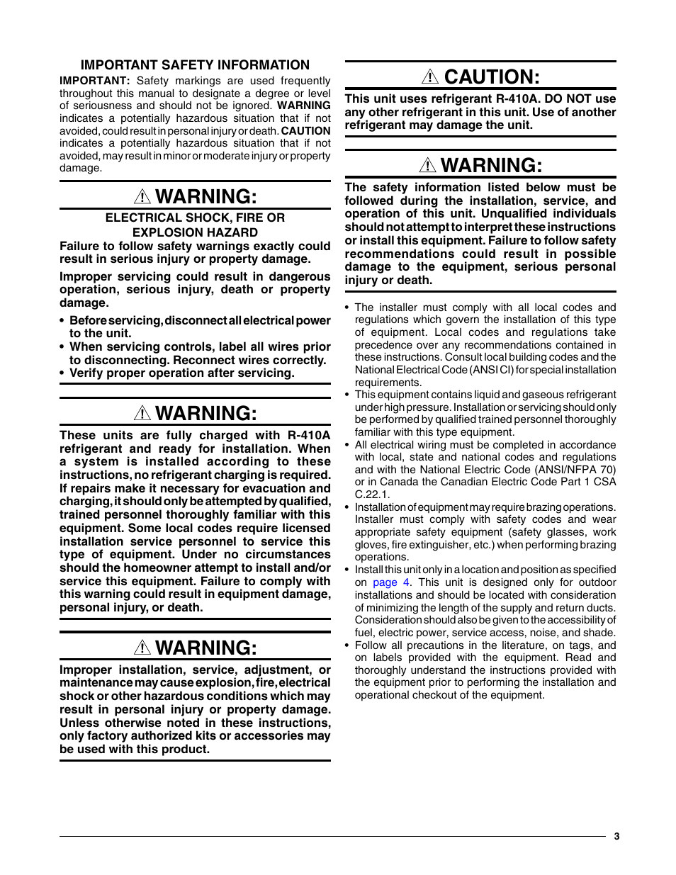 Important safety information, Warning, Caution | Reznor P8SE Unit Installation Manual User Manual | Page 3 / 20