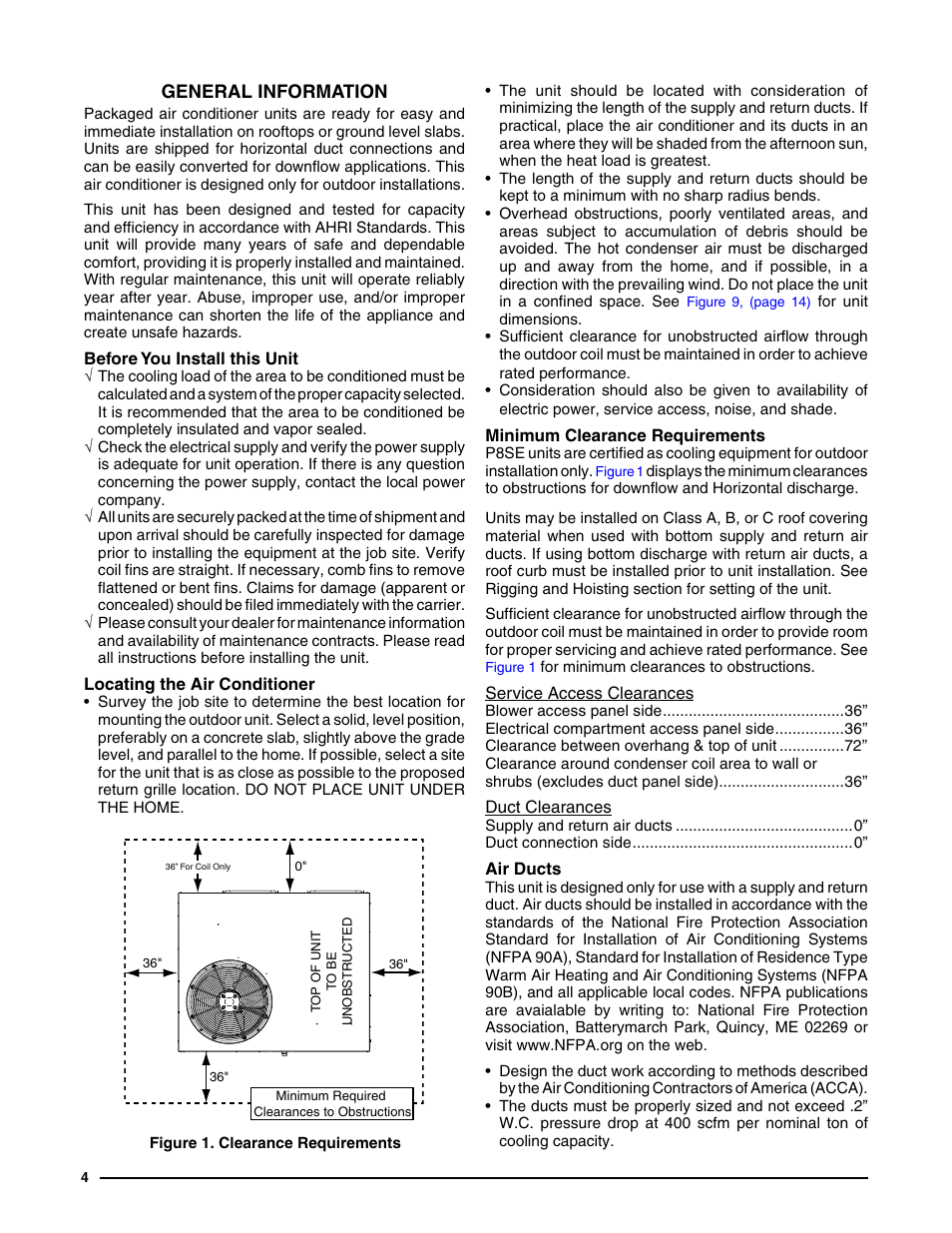 General information, Before you install this unit, Locating the air conditioner | Minimum clearance requirements, Service access clearances, Clearances to combustible materials, Air ducts | Reznor P8SE Unit Installation Manual User Manual | Page 4 / 20